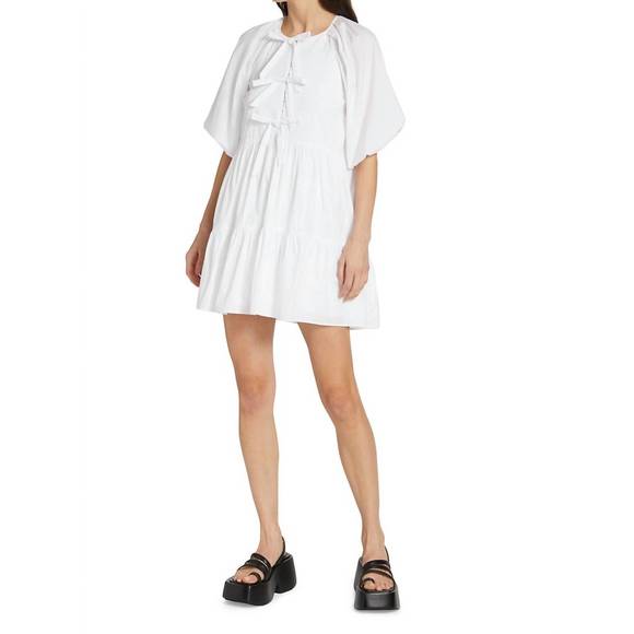 CINQ A SEPT Dresses & Skirts - NEW CINQ A SEPT lynn cotton bow detail puff sleeve flared mini dress in white